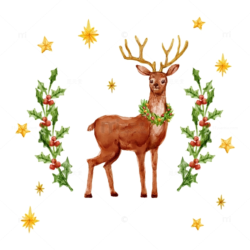 矢量圣诞节水彩麋鹿插画
