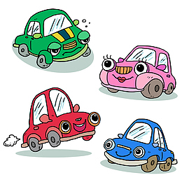 四款可爱卡通手绘汽车矢量