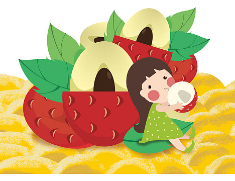 手绘吃荔枝的可爱女孩