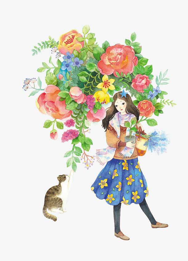 手绘水彩花卉女孩