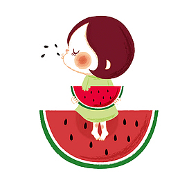 吃西瓜小女孩插画