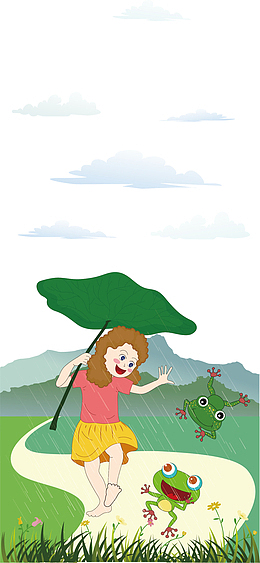 春天池塘边躲雨的女孩