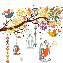 矢量手绘春天花鸟素材