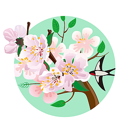 立春卡通桃花树枝燕子矢量图ps