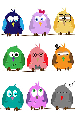 卡通手绘不同颜色的小鸟