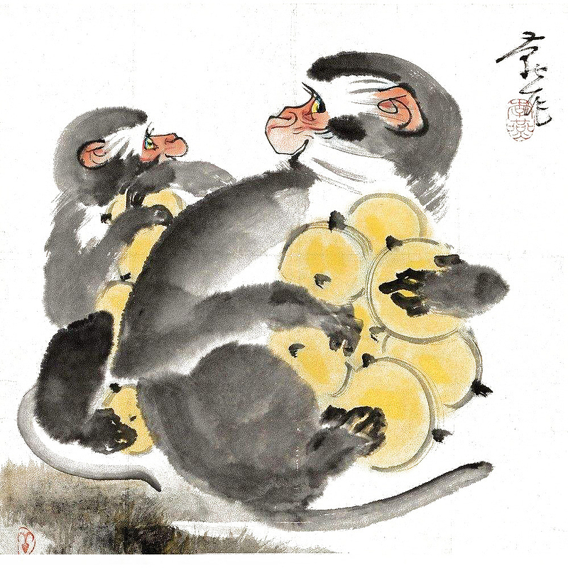 中国风水墨画两只抱枇杷的猴子免