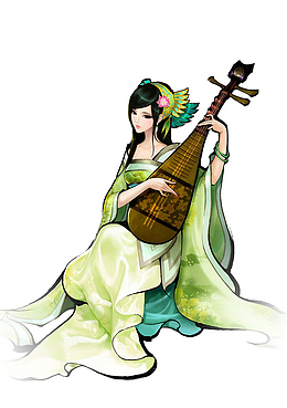 卡通插画绿衣女子弹琵琶