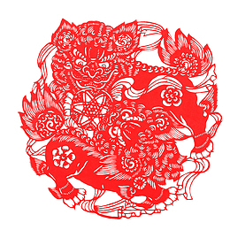 中国风剪纸逗红醒狮