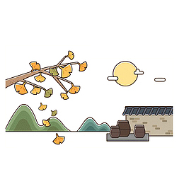 落叶，月亮，高山，寺庙