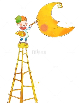 卡通手绘画月亮的男孩