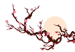 手绘桃树桃花和月亮免扣