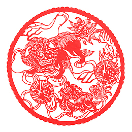 中国风剪纸逗红醒狮