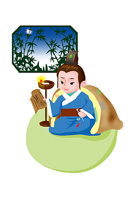手绘卡通古人夜读读书