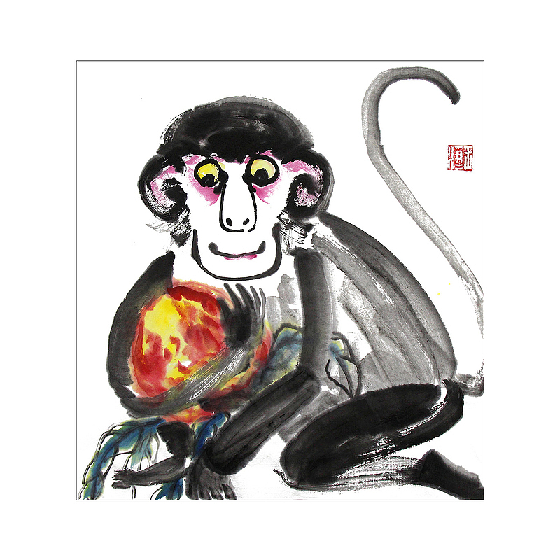 中国风水墨画猴子抱桃插画免抠