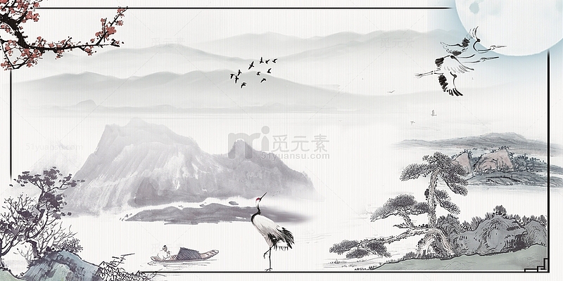 中国风水墨画白露海报背景