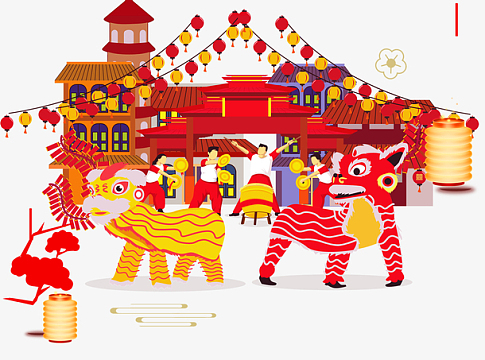 卡通手绘舞狮敲锣打鼓