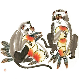 中国风水墨画两只猿猴抱桃插画免