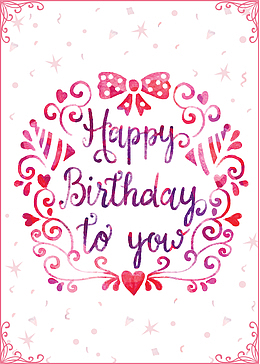 粉红水彩花纹生日卡