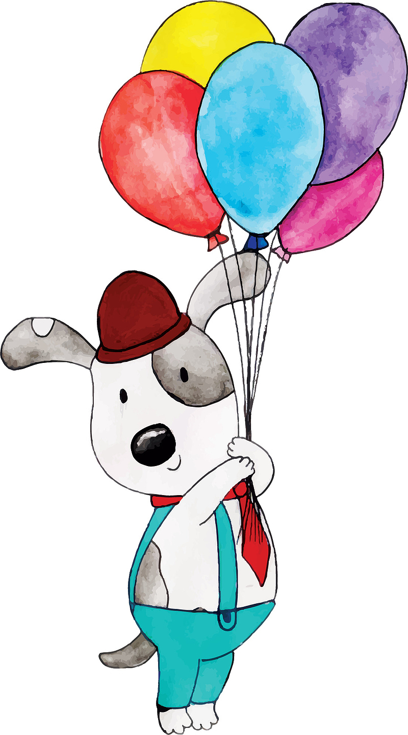 拿着气球束的生日小狗