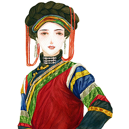 手绘水彩彝族美女插画免抠