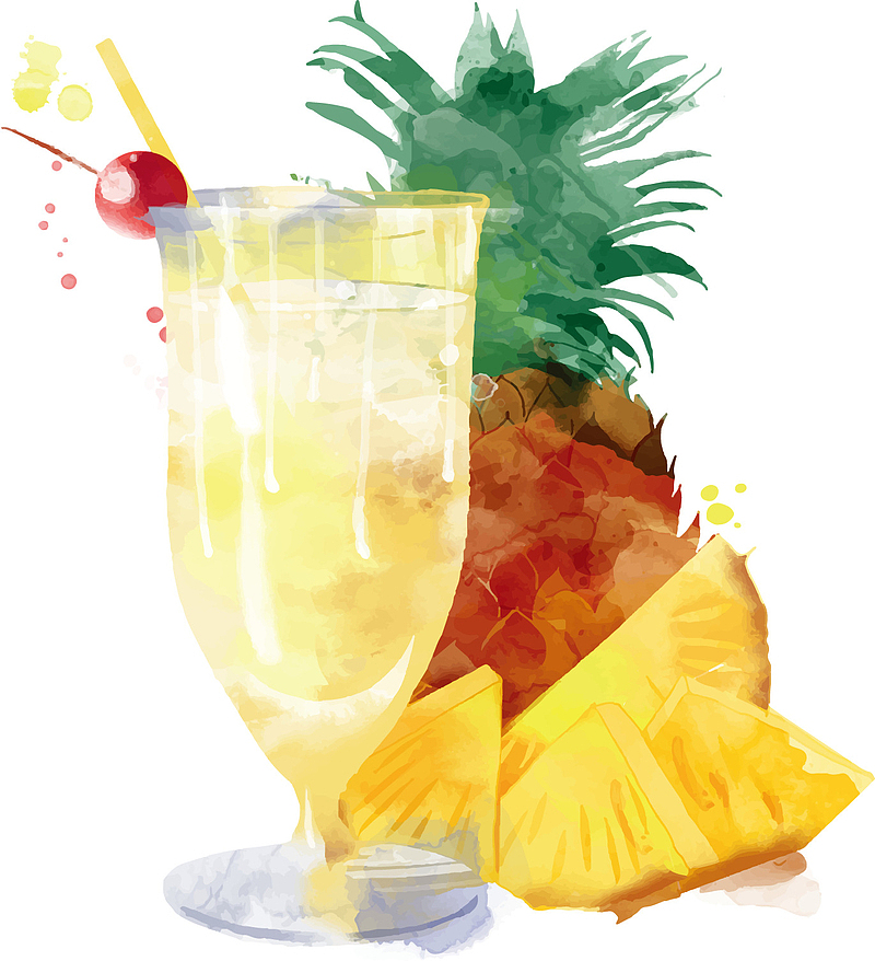 夏日饮品手绘水彩装饰插图菠萝汁