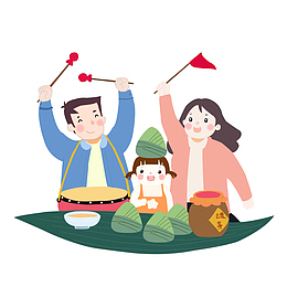 手绘庆端午的一家三口