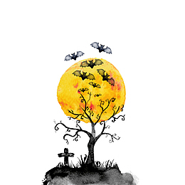 水彩万圣节月夜矢量素材