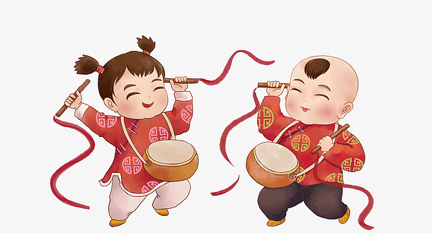 卡通手绘水彩敲锣打鼓的福娃