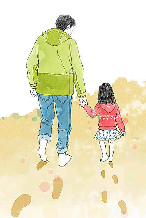 水彩插图父亲节手拉女儿散步背影