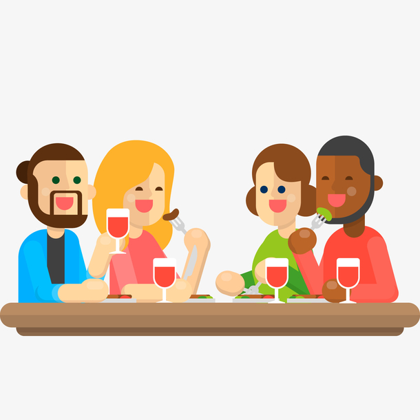 扁平化聚餐的4个人物矢量图