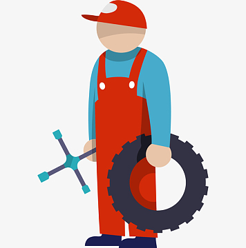 手绘卡通扁平化汽车维修工换轮胎