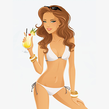 时尚插画性感比基尼美女喝果汁