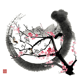 手绘水墨桃花桃树和鸟儿免扣