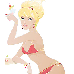 时尚插画比基尼美女喝果汁