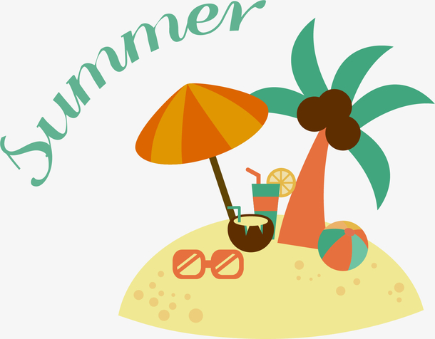 手绘卡通夏日主题沙滩太阳伞素材免费下载