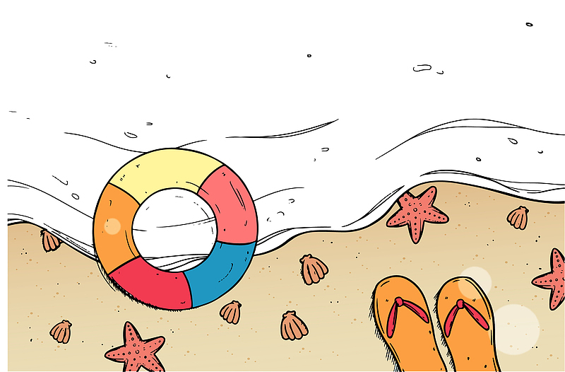 彩绘夏季沙滩游泳圈矢量素材
