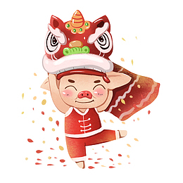 手绘卡通小猪舞狮子