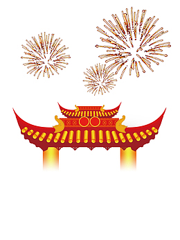 中式门楼烟花散开
