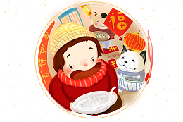 卡通插图元宵节过年可爱标签