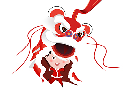 手绘插图春节舞狮喜庆插画