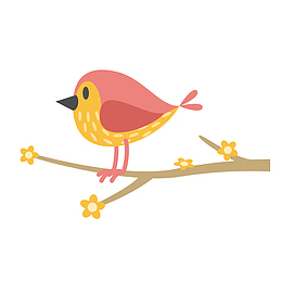 矢量手绘粉色小鸟站在树枝上眺望