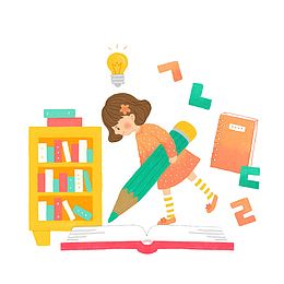 拿着铅笔写字的女孩卡通图