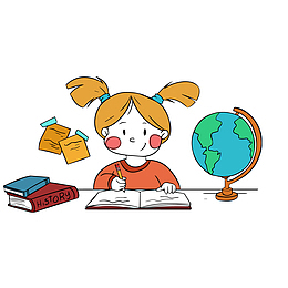 卡通手绘写作业的小女孩