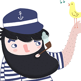 卡通大胡子水手手托着小鸟唱歌插