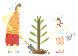 手绘亲子植树插画素材