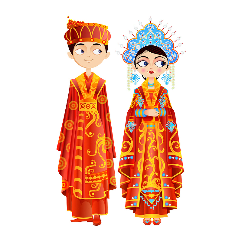 卡通红色中式结婚礼服人物