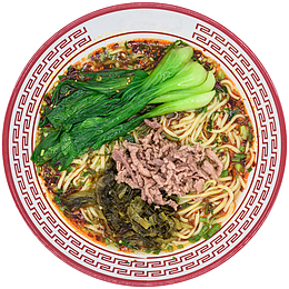 红色花纹碗中酸菜牛肉丝面