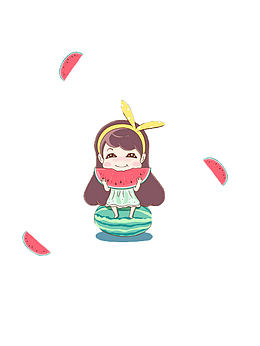 手绘小女孩吃西瓜