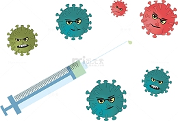 一个白色注射器与许多病毒