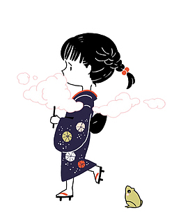 和服小女孩吃着棉花糖